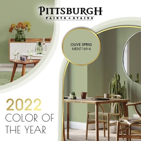 Olive Sprig, 2022 Color Trends, Blue And Yellow Living Room, Farmhouse Color Scheme, Pittsburgh Paint, Indoor Paint, Kitchen Wall Colors, Farm House Colors, Paint Color Schemes