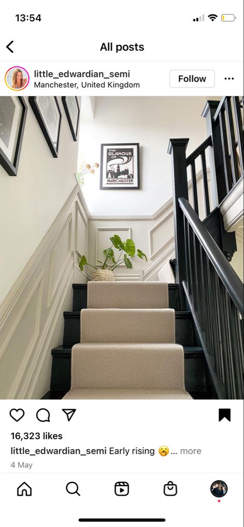 Closed Staircase Ideas, Dado Rail Hallway, Staircase Carpet, Staircase Carpet Runner, Stairs And Hallway Ideas, Black Stair Railing, Black Staircase, Stair Paneling, Victorian Hallway