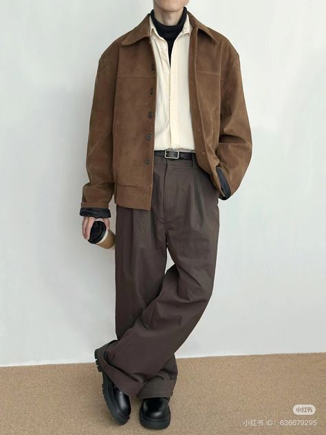 Color Palette Outfit Men, Brown Color Palette Outfit, Navy And Brown Outfit, Oversized Shirt Men Outfits, Brown Jacket Outfit Men, Rugged Gentleman Style, Brown Outfit Men, Color Palette Outfit, Brown Jacket Outfit