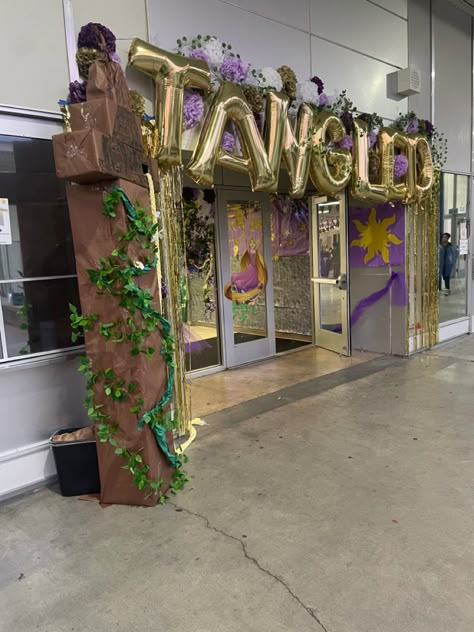 Disney Themed Hallway Decorations, Tangled Hoco Decorations, Tangled Theme School Dance, Tangled Themed Parking Spots, Disney Dance Decorations, Rapunzel Homecoming Theme, Tangled Prom Theme Decoration, Tangled Rapunzel Decorations, Rapunzel Aesthetic Party