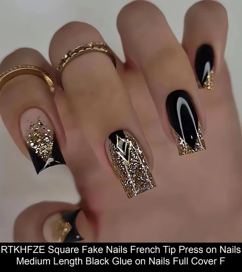 Gold And Black Gel Nails, Ballerina Nails Black Design, Great Gatsby Nails Designs, Nail Designs Black And Gold, Roaring 20s Nails, Black Graduation Nails, Gala Nails, Fake Nails French Tip, Nails With Gold Glitter