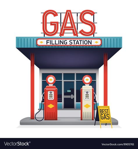 Gas Station Royalty Free Vector Image - VectorStock Gas Station Clipart, Diy Gas Station, Gas Station Drawing, Gas Station Illustration, Cardboard City, Old Gas Stations, Gas Pump, Petrol Station, Filling Station