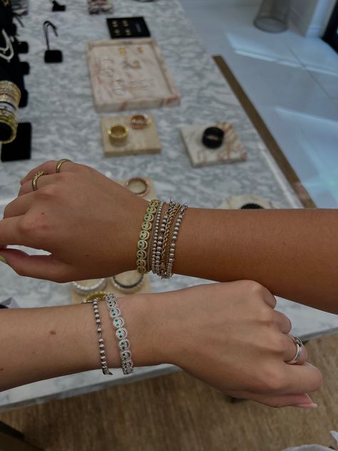 Smiley Bracelet Gold, Bracelet Stack Ideas Gold And Silver, Lisa Gozlan Jewelry, Lisa Gozlan Stack, Bracelet Stack Silver And Gold, Gold Friendship Bracelets, Liza Gozlan Bracelets, Lisa Gozlan Bracelets, Gold And Silver Bracelet Stack