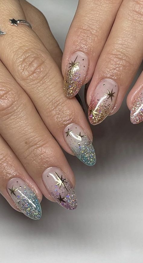 Starfall Acomaf Nails, Mirrorball Taylor Swift Nails, Short Nye Nail Designs, New Years Nails Stars, Galaxy Nail Ideas, Glitter Nye Nails, Star And Glitter Nails, Starcatcher Nails, Fancy Birthday Nails