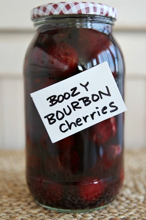 Boozy Bourbon Cherries recipe - from RecipeGirl.com Bourbon Cherries, Homemade Liquor, Liquor Recipes, Cocktail Garnish, Recipe Girl, Cherry Recipes, Kampot, Alcohol Drink Recipes, Alcohol Recipes