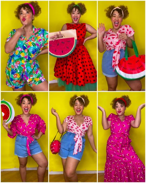 Watermelon Dress Women, Fruit Print Outfit, Watermelon Inspired Outfit, Fruit Clothes Aesthetic, Food Inspired Outfits, Fruit Inspired Fashion, Fruit Inspired Outfit, Fruity Outfits, Fruit Outfits