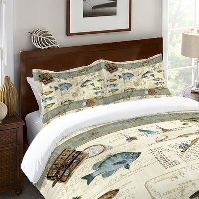 Loon Peak® This lake inspired sham is the ideal fisherman's decor! Multicolored fish swim around the design with fishing equipment scattered amongst a text filled background. It will definitely create a fishing trip experience every day! | Loon Peak® Tauber Polyester Envelope Sham, Polyester, Size Standard/Twin King | Wayfair Fishing Bedroom Decor, Boys Fishing Bedroom, Fish Bedroom, Fishing Bedroom, Surf Room Decor, Surf Room, Cabin Bedroom, Black Forest Decor