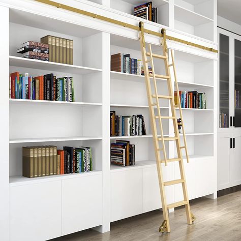 DIYHD 12FT Wooden Ladder Rolling Hardware Sliding Library Ladder Track,Floor Rollers with Brake,Golden,No Ladder - - Amazon.com Library Room Cozy, Modern Library Room, Cozy Library Room, Small Library Room Ideas, Small Library Room, Rustic Library, Library Room Decor, House Room Design, Library Room Design