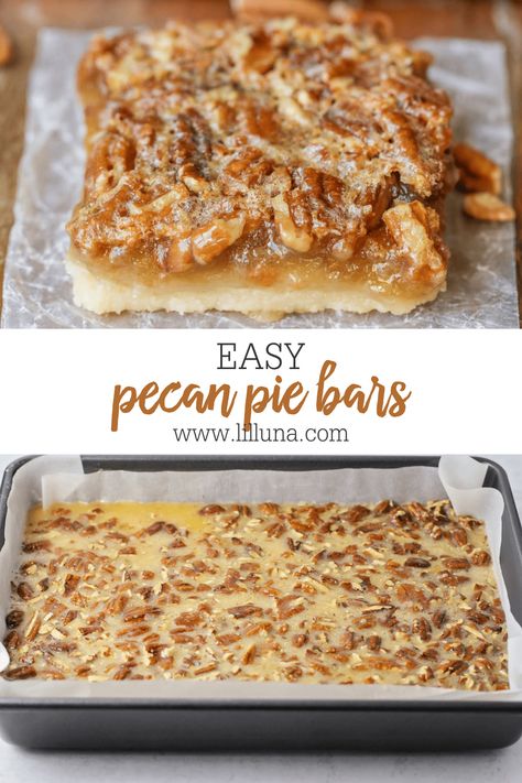 With a buttery shortbread crust and caramelized pecan filling, it's impossible not to love these sweet and nutty pecan pie bars!! #pecanpiebars #pecanpie #pecanbars #thanksgiving #pecan Pecan Desert, New Thanksgiving Recipes, Pecan Shortbread Bars, Easy Pecan Pie Bars, Easy Pecan Pie Recipe, Pecan Desserts Recipes, Pecan Bars Recipe, Pecan Pie Bar, Pecan Pie Bars Easy