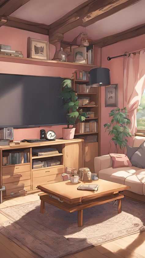 Anime Cleaning House Aesthetic, Anime Apartment Aesthetic, Vintage Interior Design Living Room, Anime Apartment, Summer Night Aesthetic, Lofi Study, Living Room Illustration, Living Room Drawing, Diy Quiet Book