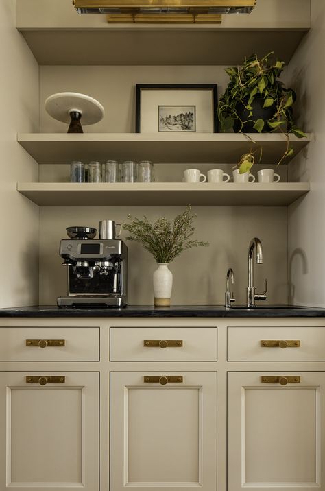 The Inspiring Coffee Bars of Jean Stoffer Design -     Designing a small coffee bar within your kitchen can add both functionality and charm to your space.  Jean Stoffer Design ‘s unparalleled coffee bar designs are truly exceptional and these images from Stoffer Photography Interiors are a wellspring of inspiration for creating your own! Jean Stoffer Design, Grey Floating Shelves, Jean Stoffer, Armac Martin, Coffee Station Kitchen, Espresso Martinis, Light Gray Cabinets, Bar Inspiration, Coffee Making