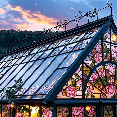 Dina Dennaoui on Instagram: "Which of these Stained glass greenhouses is your favorite?  🌿 “Step into a world where nature paints its own masterpiece - where floral stained glass greenhouses blend artistry with the tranquility of botanical wonderlands. 🌸🌿 🌸 It’s been a while since i’ve experimented with stained glass concepts so I thought I’d try something different with today’s set! These concepts were inspired by @my_homely_decor ’s beautiful greenhouse set~ . . . . #greenhouse #stainedglass #mosaic #homeideas #bohemiandecor #bohemian #flowerstagram #flowergarden #artnouveau #glassart #aidesign #aiarchitecture #midjourneyarchitecture #midjourney #designmilk #designinspo #outdoorlivingspace #outdoorliving #cottagecoreaesthetic #countrysideliving #archilovers #homeideas" Greenhouse Stained Glass Windows, Stained Glass Greenhouse, Cottage Stained Glass Window, Nature Stained Glass Windows, Cottagecore Stained Glass Window, Cottagecore Decorations, Window Greenhouse, Minecraft Interior, Dream Hotels