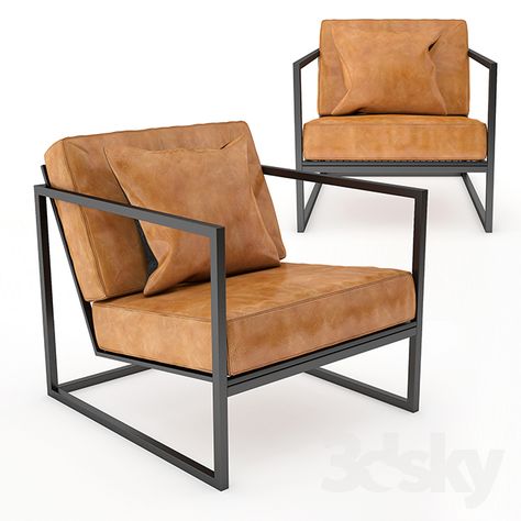 Black Metal Frame and Tan Leather Armchair Chair Design For Living Room, Chair Design For Bedroom, Industrial Armchair, Bedroom Chair Design, Steel Armchair, Tan Leather Armchair, Cafe Sofa, Meja Industrial, Modern Lounge Chair Design