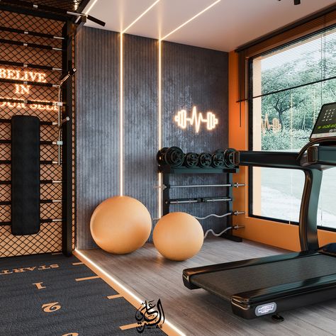 home gym on Behance Boho Home Gym Decor, Tempo Home Gym, Dream Home Gym Luxury Fitness Rooms, Commercial Gym Design Interiors, Luxury Gym Interior, Fitness Gym Interior Design, Luxury Gym Design, Gym Room Design, Interior Design Gym