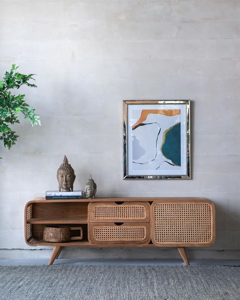 Shop our new Tectona Collection. Minimalist modern retro-inspired wood furniture pieces. #rattan #livingroomdecor #midcenturymodern Teak Tv Stand, Teak Cabinet, Tv Stand Sideboard, Rattan Storage, Cabinet Modern, Storage Console, Living Room Entertainment, Kids Dressers, Console Storage