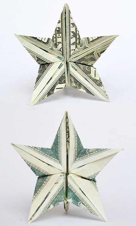 How To Fold Money Into A Star, Origami Cash Gift, Dollar Bill Origami Christmas, Folded Money Christmas Tree, Dollar Star Origami, Folding Money Into Christmas Tree, Christmas Dollar Origami, Star Money Origami, Christmas Tree Dollar Bill Origami