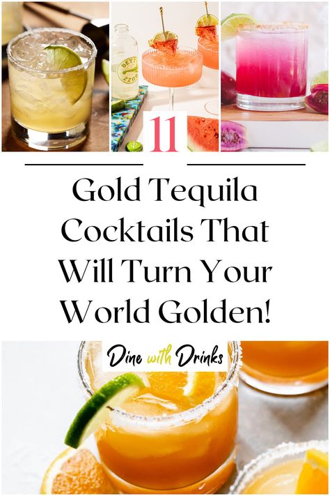 Collage of 4 gold tequila cocktails. Jose Cuervo Gold Drinks Recipes, Gold Margarita Recipe, Gold Tequila Drinks, Jose Cuervo Drinks Recipes, Gold Tequila Cocktails, Jose Cuervo Drinks, French Press Cocktails, Tequila Sangria, Margarita Night