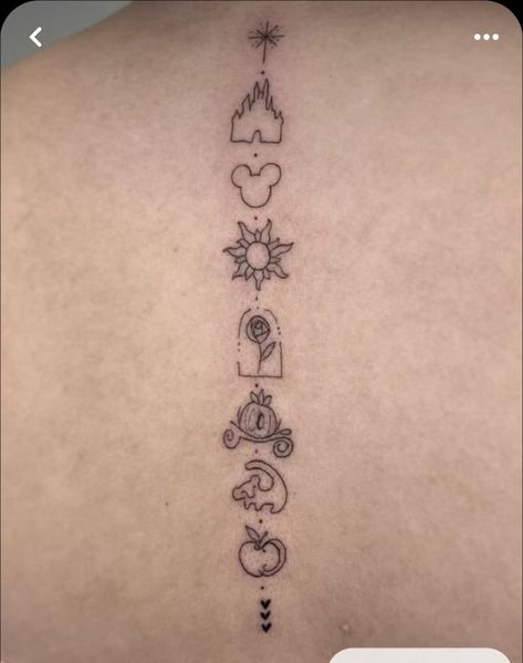 Tiny Disney Tattoos Princesses, Disney Tattoo Sleeve Ideas, Beauty And The Beast Spine Tattoo, Small Disney Princess Tattoos, Disney Icon Tattoo, Disney Book Tattoo, Tangled Tower Tattoo, Cute Tattoos Disney, Disney Anklet Tattoo