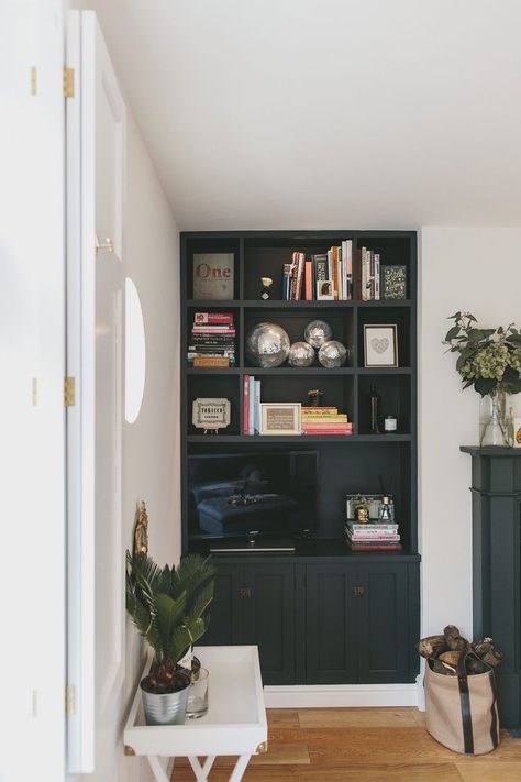 Built-in Bookcase with Shelving Cubbies - get wood panels cut, get some old doors from ebay or reclaim Alcove Storage Living Room, Alcove Ideas Living Room, Alcove Shelves, Alcove Storage, Alcove Cabinets, Alcove Shelving, Built In Shelves Living Room, Built In Cupboards, Room Shelves