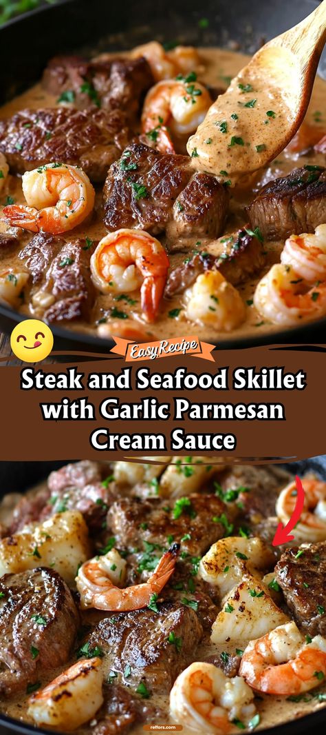 Indulge in a skillet full of steak and seafood draped in a Garlic Parmesan Cream Sauce. This rich, decadent meal is perfect for those who love their protein with a side of creamy indulgence. #SteakSeafoodSkillet #GarlicParmesan #SkilletMeals Steak And Shrimp Garlic Cream Sauce, Steak N Shrimp Recipes, Steak And Seafood Skillet With Garlic Parmesan Cream Sauce, Steak And Prawns Dinners, Steak And Seafood Skillet With Garlic Parmesan Sauce, Beef Tips And Shrimp Recipes, Crab Topped Steak, Steak And Seafood Skillet, Steak And Seafood Recipes