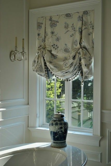 Hamptons Flowers, Window Treatments Ideas, Balloon Shades, Balloon Valance, Patio Flowers, Enchanted Home, Valance Window Treatments, Custom Drapes, Bathroom Windows