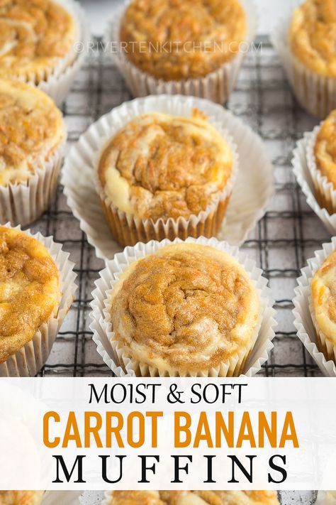 Moist and soft carrot banana muffins! Easy to make, not too sweet, filled with fresh carrots, and delicious banana flavor. Even your toddler is going to love this! Optional but highly recommended cream cheese topping is included in the post. The banana is not overpowering and it perfectly compliments the earthy-sweet flavor of the carrots. I didn’t even need to add too much cinnamon. Just a hint. Banana Carrot Mini Muffins, Carrot Cake Banana Bread Muffins, Banana Carrot Oat Muffins, Banana Carrot Cake Muffins, Banana And Carrot Muffins, Carrot Muffins With Cream Cheese, Carrot Banana Muffins, Yogurt Muffin, Banana Bread Cupcakes