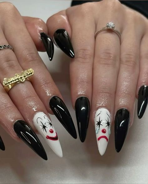 Clown Nails, Nails Horror, Circus Nails, Black Clown, Laugh Now Cry Later, Horror Nails, Long Stiletto Nails, Long Stiletto, Punk Nails