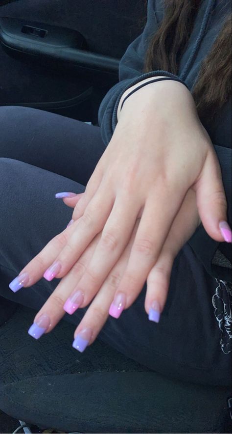 Pink And Purple Tips Nails, Pink And Purple Nails French Tip, Nail Ideas Pink And Purple, Pink And Purple Square Nails, Pink Purple French Tip Nails, Pink And Purple French Nails, Square Nails Pink French Tip, Purple French Tips Square, Purple French Tip Nails Square