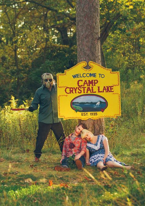 welcome to camp, crystal lake Bff Wedding, Themed Engagement Photos, Halloween Camping, Camp Crystal Lake, Photo Halloween, Jason Vorhees, Fun Engagement Photos, Halloween Photography, Halloween Photoshoot