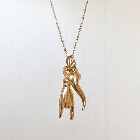 14KT Yellow Gold Polished Italian Mano Cornuto + Horn Corno Pendant Charms Chain Necklace NEW Various Lengths by NiceVixenGems on Etsy Saint Jewelry, Italian Horn, Hand Gesture, Cable Chain Necklace, Kids Rings, Horn Pendant, Necklace Clasps, Gold Choker, Gold Polish