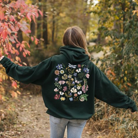 PRESSED WILDFLOWERS Cottagecore Hooded Sweatshirt with Back design, Nature Inspired Floral Shirt, Boho Flowers Butterflies Dragonfly Hoodie Cottagecore Hoodie, Fairycore Shirt, Nature Hoodie, Whimsical Flowers, Camping Hoodie, Flower Hoodie, Plant Mama, Sipping Tea, Boho Flowers