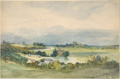 Extensive landscape prospect with a fortified building on hill in the background (recto); Study of a landscape and a female figure (verso) by Antoine Chintreuil | free image by rawpixel.com / The Metropolitan Museum of Art (Source) Castle Hill, Watercolor Landscape Paintings, Female Figure, Vintage Landscape, Background Vintage, Landscape Walls, Landscape Wall Art, Agra, Vintage Painting