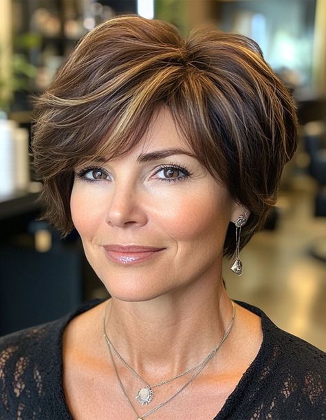 Pixie Brunette Hair With Highlights, Pixie Brunette Hair, Haircuts For Over 50, Elegant Brunette, Bixie Haircut, Haircut Pixie, Hairstyles For Seniors, Brunette Pixie, Pixie Bob Hairstyles