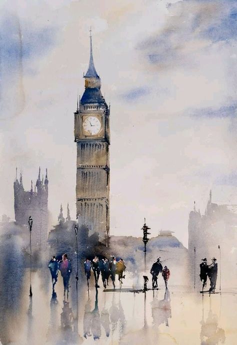 Big Ben Painting, Big Ben Watercolor, Big Ben Art, Architecture Drawing Sketchbooks, Watercolor City, Watercolor Architecture, City Painting, Cityscape Art, Landscape Art Painting