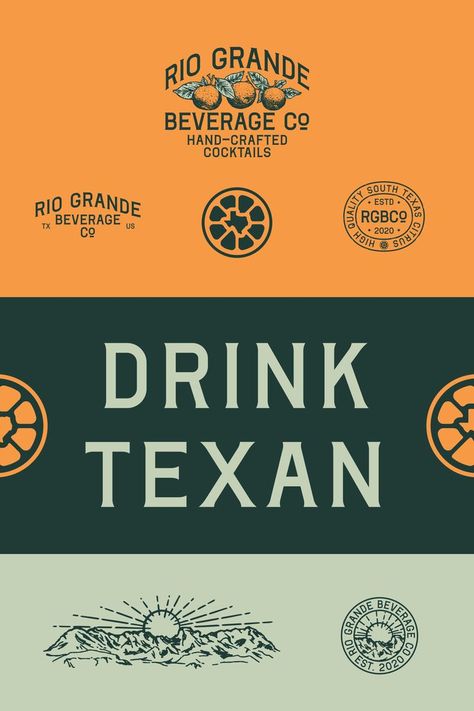 Logo and brand design for a texas citrus beverage company based in the rio grande valley. illustration of the rio grande valley mountains, and oranges/grapefruits. Badge designs for the company as well. Brewery Color Palette, Heritage Color Palette, Texas Color Palette, Company Branding Ideas, Texas Branding, Rio Logo, Rio Grande Valley Texas, Soda Design, Beer Branding Design