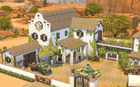 Mexican Traditional House, Sims Spanish Villa, Sims 4 Hacienda, Hacienda Sims 4, Sims 4 Italian Villa, Sims 4 Mexican House, Sims 4 Mexican, Mexican Ranch House, Sims 4 Ranch