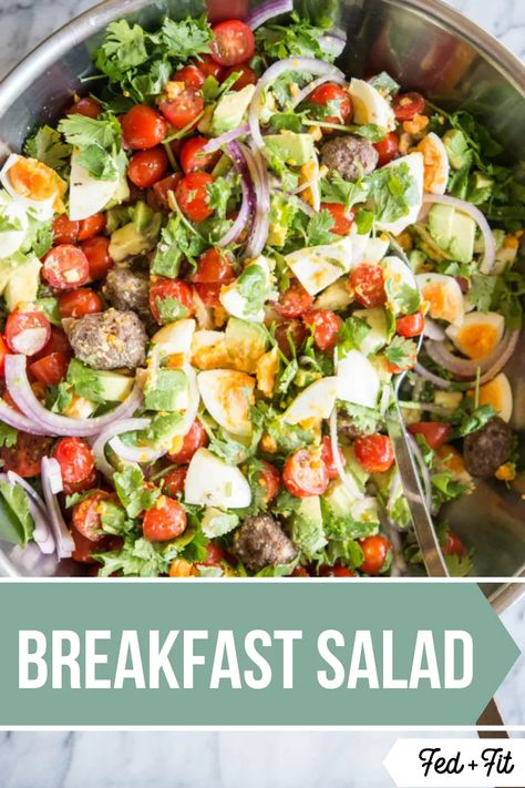 This breakfast salad features sausage meatballs, hard boiled eggs, tomatoes, and avocado for a deliciously different breakfast that you can eat all week! #lowcarb #paleo #glutenfree Boiled Egg Breakfast Ideas Mornings, Salads For Breakfast, Breakfast Salad Recipes, Breakfast Salad Ideas, Healthy Breakfast Salad, Breakfast Salads, Glucose Goddess, Sausage Salad, Cheap Desserts