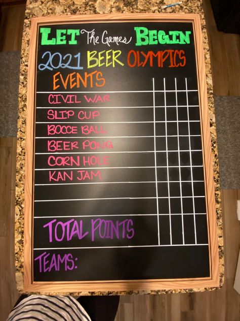 Our beer olympics board! Allows a couple of extra spaces for guests to contribute event ideas! Teams of 4-5 listed at the bottom, initials at the top of the columns for score keeping! Chalk board from @michaelsstores and chalk pens from @homegoods #beerpong #beerolympics #olympics #diy #adulting #adultgames #adultolympics Beer Olympics Team Themes, Bachelorette Olympics, Adult Olympic Party Games, Beer Olympics Scoreboard, Beer Olympics Teams, Drunk Olympics, Beer Olympics Party, Olympic Party Games, Beer Olympics Games