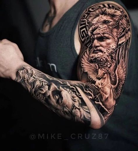 60 Stylish Sleeve Tattoos that are Simply Unforgettable - Meanings, Ideas and Designs | Greek tattoos, Best sleeve tattoos, Sleeve tattoos Hercules Tattoo, Greek Tattoo, Gladiator Tattoo, Zeus Tattoo, Spartan Tattoo, Lion Tattoo Sleeves, Greek Mythology Tattoos, Men Tattoos Arm Sleeve, Muster Tattoos