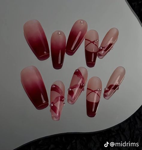 Dark Red Douyin Nails, Red Douyin Nails, Maroon Nails Design, Makeup Nails Designs, Maroon Nails, Asian Nails, Punk Nails, Korean Nails, Nail Box