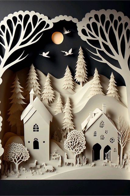 Christmas Paper Village, Papercut Illustration, Xmas Village, Christmas Shadow Boxes, Christmas Landscape, Pop Up Art, Christmas Mantel Decorations, Paper Trail, Christmas Mantels