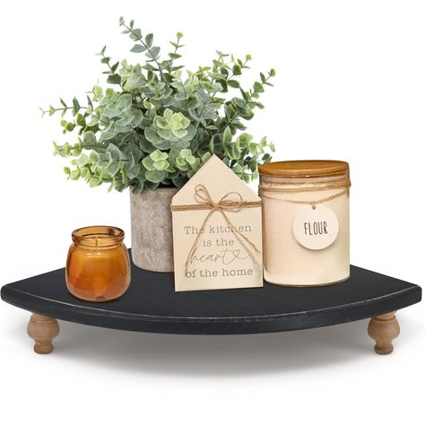 PRICES MAY VARY. 100% Solid Wood: This farmhouse decorative tray riser is made of solid fir wood. With the natural grains on the surface, each tray is unique and special. Perfect farmhouse addition: the whitewashed surface adds a perfect accent to your farmhouse decoration. Put this cute wooden tiered riser on the coffee bar table or countertop, decorate it with your lovely accessories, and it will bring the room a rustic & chic look and impress your guests. Great gift idea: This wood pedestal r Corner Counter Shelf, Farmhouse Corner Shelf, Corner Counter, Rustic Pedestal, Kitchen Counter Decor Ideas, Wood Pedestal Stand, Counter Decor Ideas, Farmhouse Addition, Wood Corner Shelves