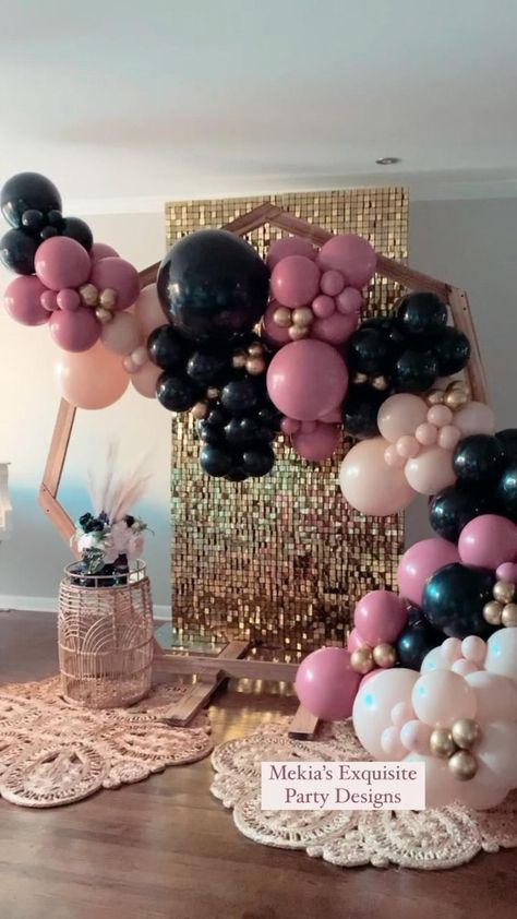 Pink Black Gold Party, Blush Balloon Garland, Balloon Garland Pink, Black And Gold Party Decorations, Black Party Decorations, Gold Birthday Party Decorations, Rose Gold Party Decor, Black And Gold Balloons, Pink Party Decorations