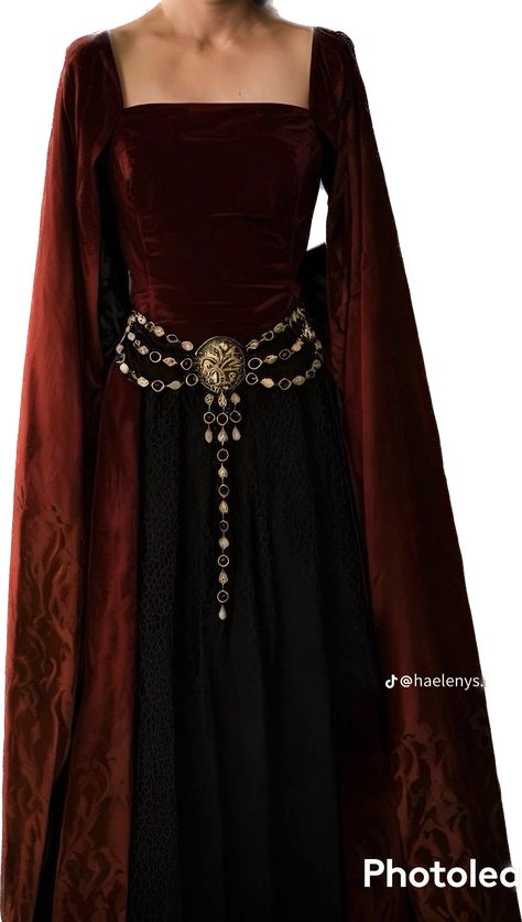 Game Of Thrones Clothing Aesthetic, Medieval Red Aesthetic, Black And Red Medieval Dress, Targaryen Style Dress, House Arryn Dress, Medevil Outfits Women, Targaryen Dress Aesthetic, Game Of Thrones Outfit Inspiration, Medieval Inspired Outfits