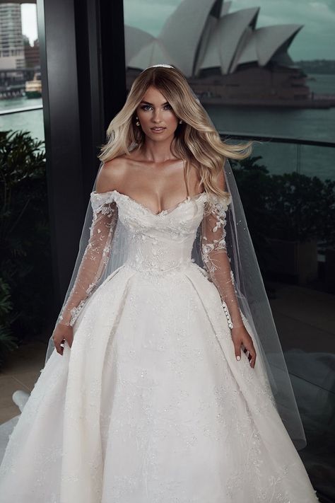 Leah Da Gloria Couture | Aura Wedding Dress | Bridal Reflections Ballgown With Sleeves Wedding Dress, Leah De Gloria Wedding Dress, Off The Shoulder Floral Wedding Dress, Fairytale Wedding Dress With Sleeves, Sleeping Beauty Wedding Dress, Princess Gown Wedding Dress, Leah Da Gloria Wedding Dress, Leah Da Gloria, Wedding Fits