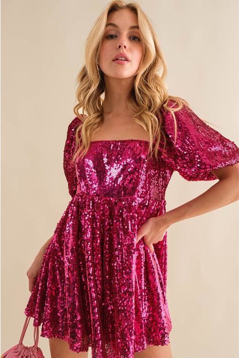 Sequin Rompers, Short Puff Sleeve, Formal Cocktail Dress, Babydoll Style, Short Sleeve Romper, Red Sequin, Spring Outfits Women, Pink Sequin, Red Shorts