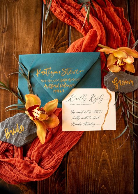 Teal And Tangerine Wedding, Teal Velvet Tablecloth Wedding, Teal And Orange Boho Wedding, Teal And Rust Wedding Invitations, Teal Rust And Gold Wedding, Dark Teal And Rust Orange Wedding Invitations, Teal And Rust Bridesmaid Dresses, Burnt Orange And Dark Teal Wedding Cake, Teal And Mustard Wedding