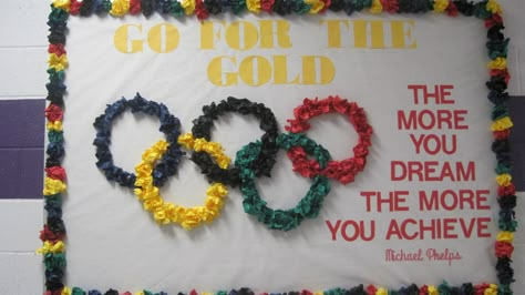 Our Olympic theme bulletin board 2016 Champion Bulletin Board Ideas, Sports Day Bulletin Board Ideas, Sports Day Theme Ideas, Olympic Bulletin Board, Counseling Bulletin Boards, Olympic Idea, Sports Theme Classroom, Valentines Day Bulletin Board, Olympic Theme