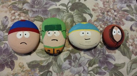 South Park Rock Painting South Park Craft Ideas, Diy South Park Decor, South Park Rock Painting, South Park Painted Rocks, South Park Painting, Anime Rock Painting, Rock Painting Sponge Bob, Anime Painted Rocks, Outlet Covers Painting