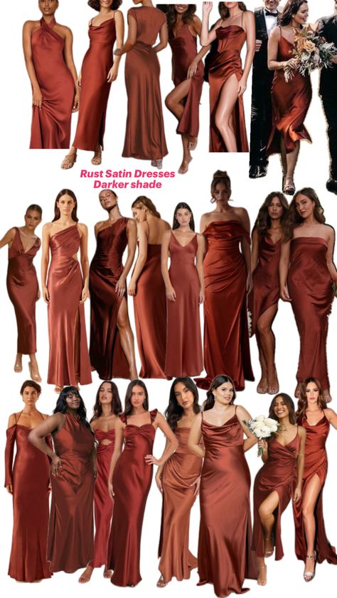 Burnt Orange Mismatched Bridesmaids, Rust Red Bridesmaid Dresses, Shades Of Terracotta Bridesmaid Dresses, Cooper Bridesmaids Dresses, Satin Rust Bridesmaid Dresses, Rust Mother Of The Bride Dress, Terracotta Dress Bridesmaid, Fall Wedding Colors Bridesmaid Dresses, Rust Dress Outfit Wedding